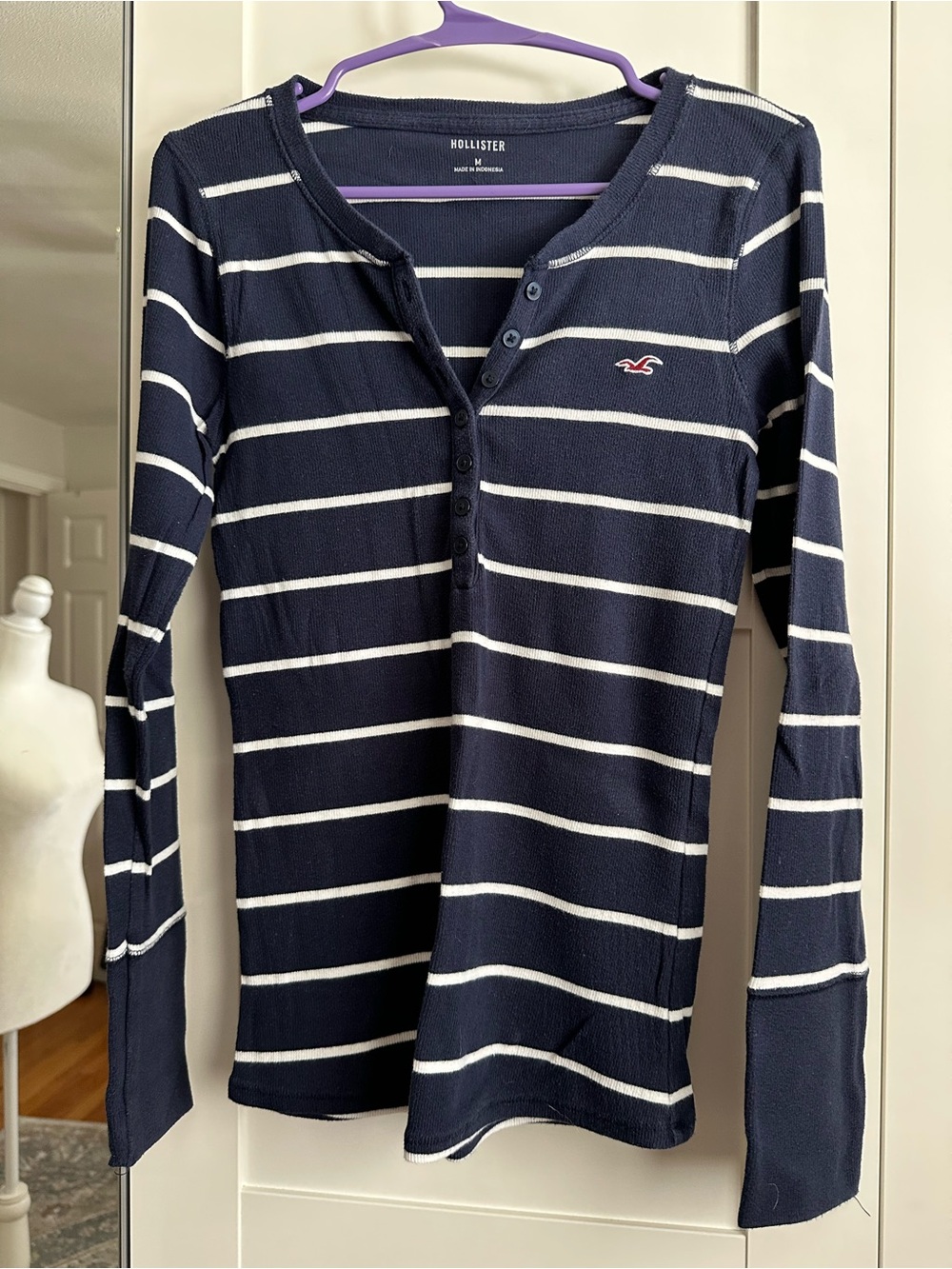 Hollister Navy & White Stripe Henley Long Sleeve Shirt
